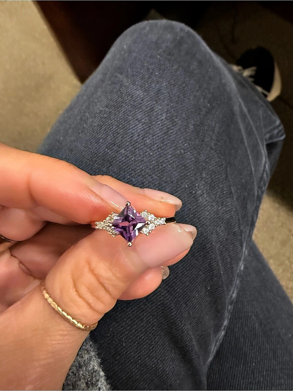 925 Sterling Silver Rose Gold Colored Amethyst Gemstone Ring Sz 9